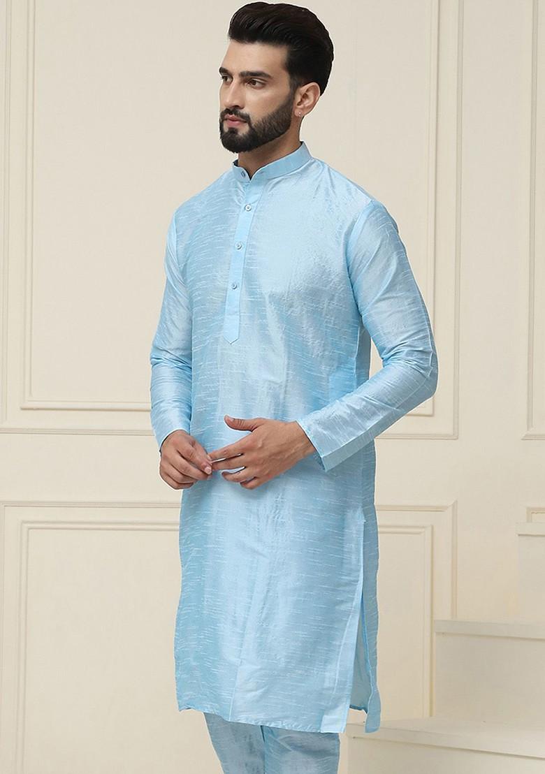 Turquoise Blue Solid Silk Kurta For Men