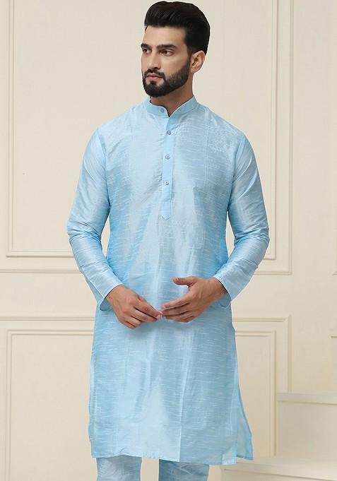 Turquoise Blue Solid Silk Kurta For Men — view on Indya