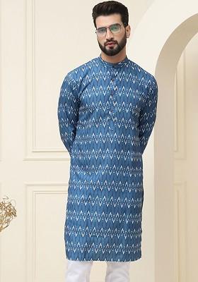 Navy Blue Ethnic Motifs Cotton Kurta For Men