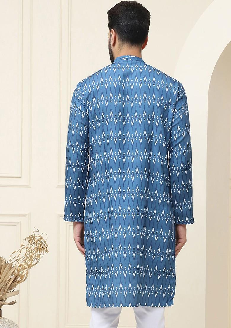 Navy Blue Ethnic Motifs Cotton Kurta For Men