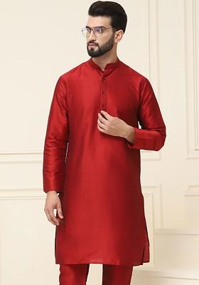 Maroon Solid Poly Blend Kurta For Men
