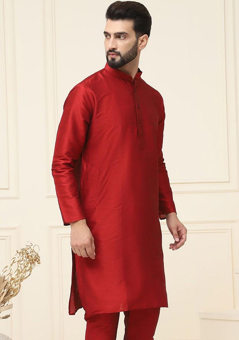 Maroon Solid Poly Blend Kurta For Men