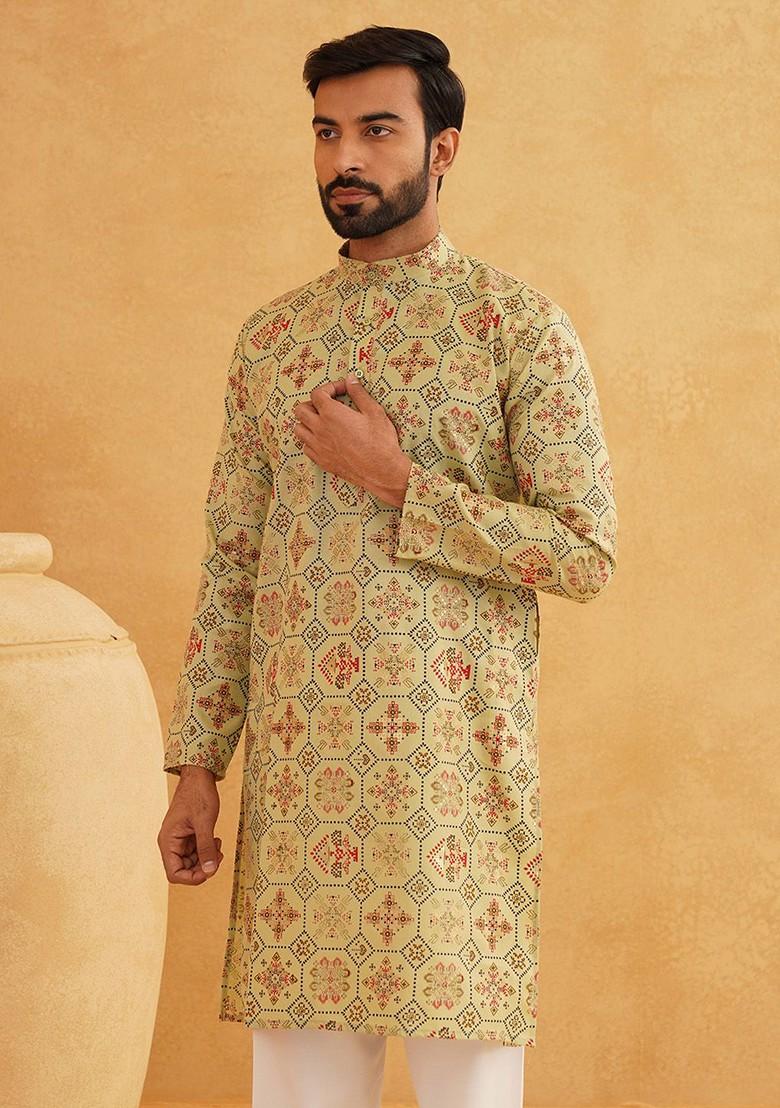 Green Printed Cotton Kurta For Men