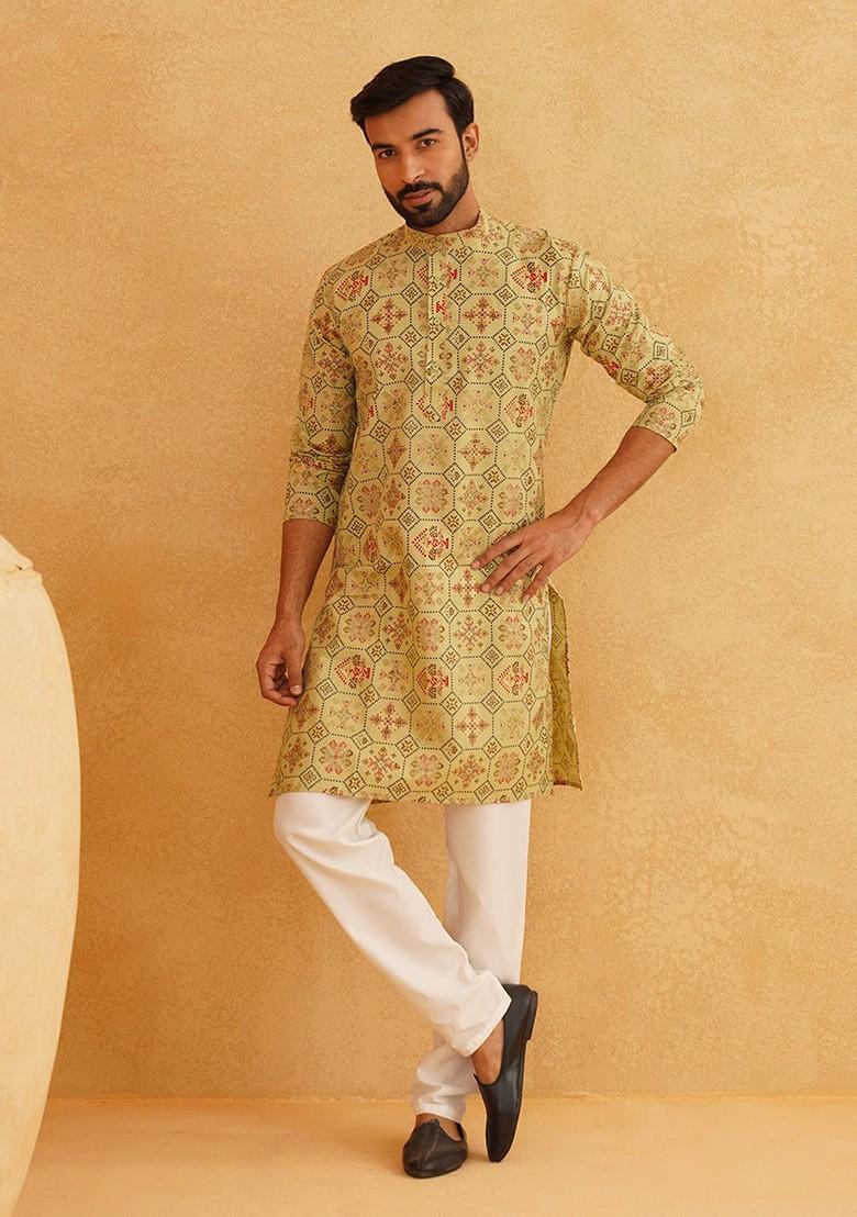 Green Printed Cotton Kurta For Men