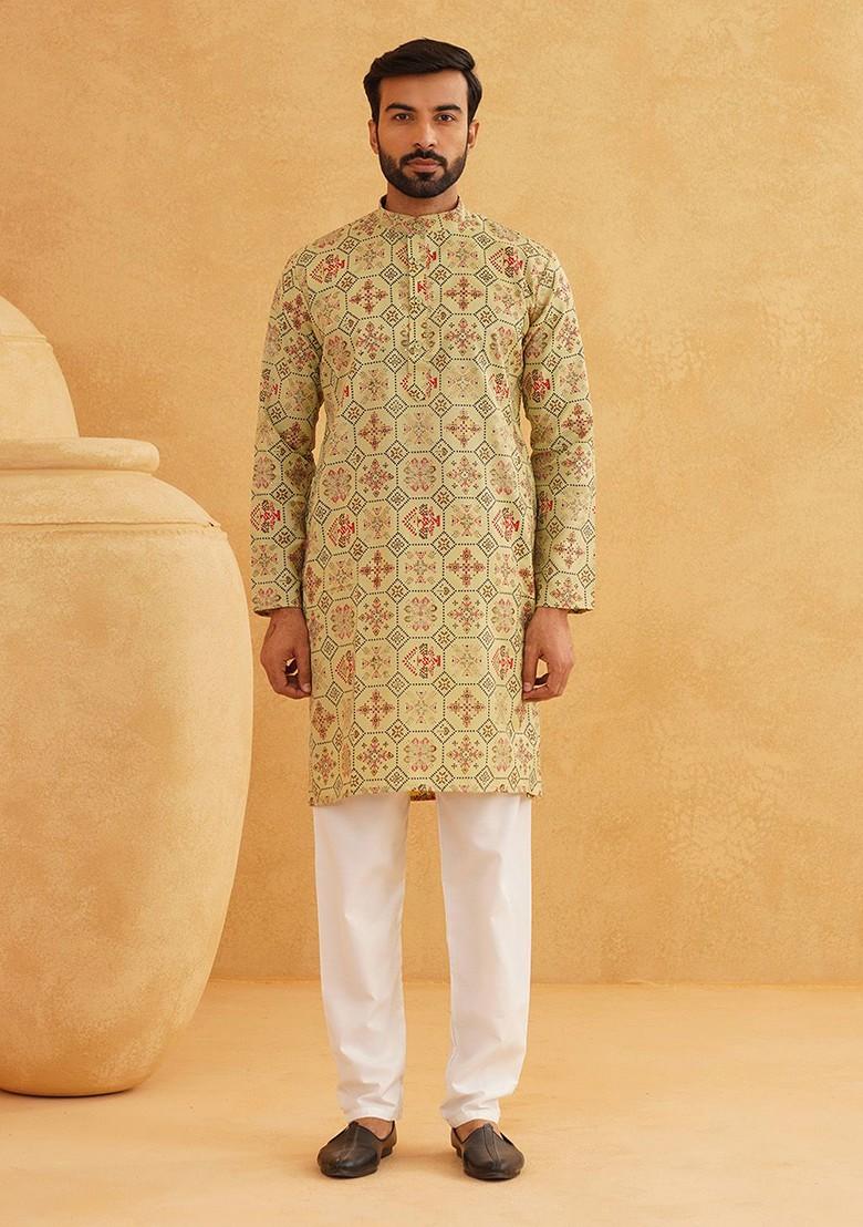 Green Printed Cotton Kurta For Men