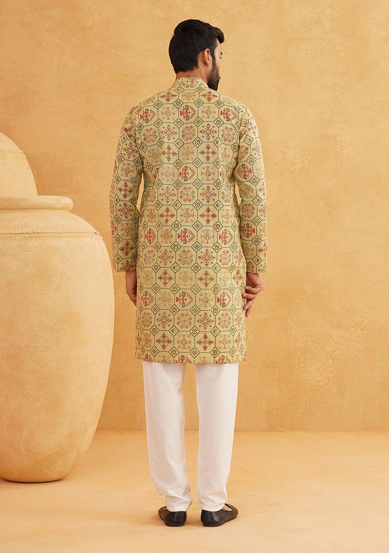 Green Printed Cotton Kurta For Men