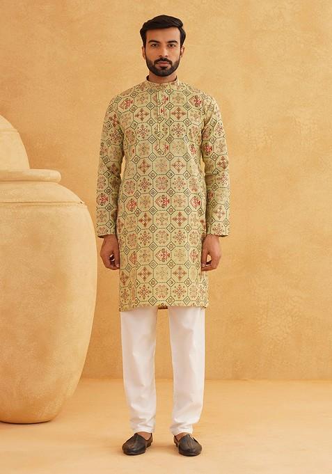 Green Printed Cotton Kurta For Men