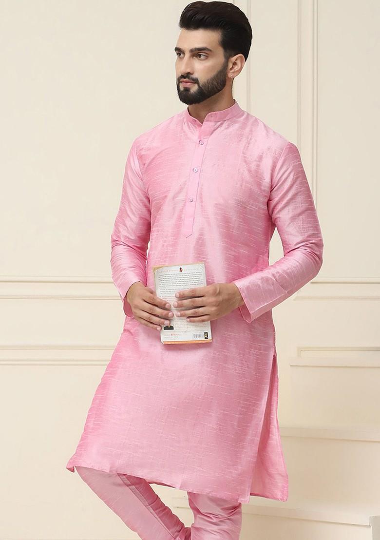Pink Solid Silk Kurta For Men