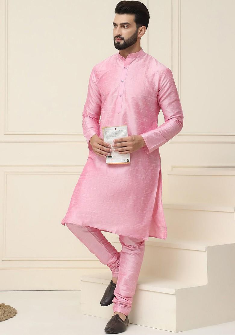 Pink Solid Silk Kurta For Men