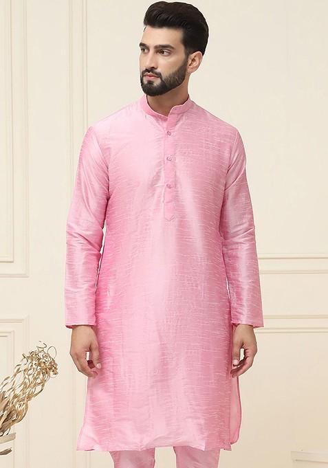 Pink Solid Silk Kurta For Men — view on Indya