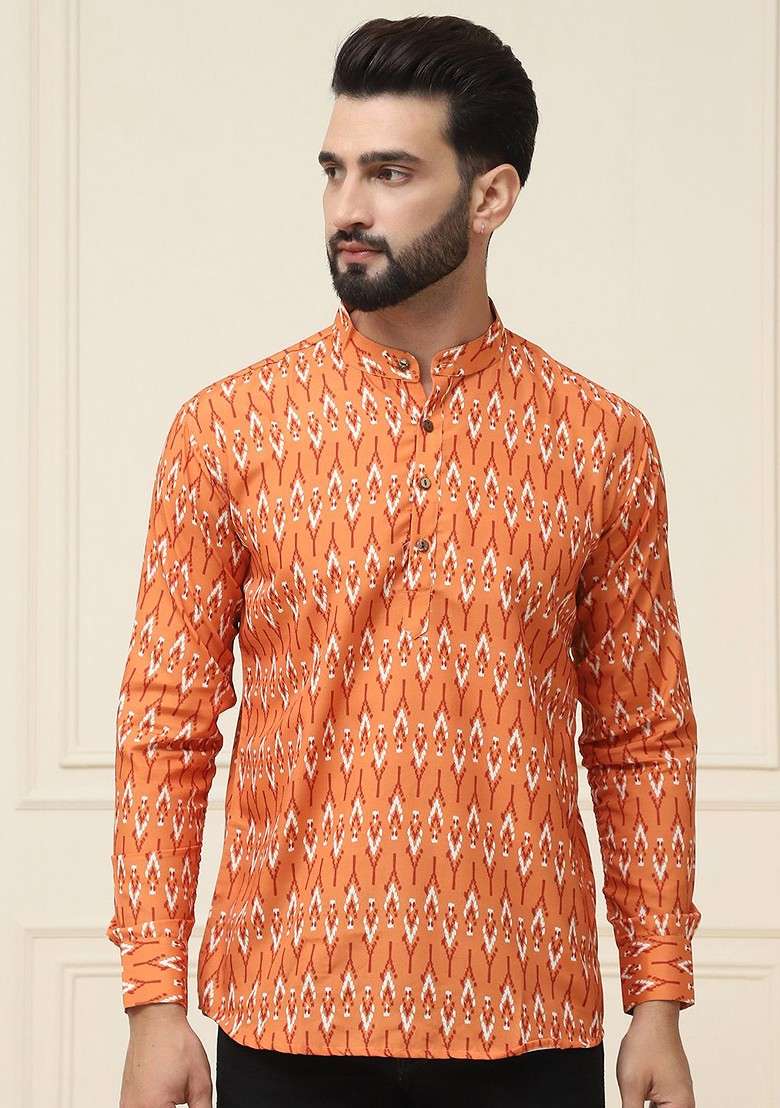 Mustard Ethnic Motifs Cotton Kurta For Men - Indya