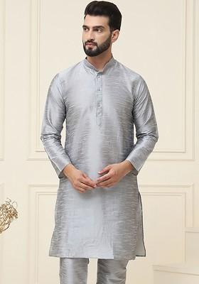 Grey Solid Silk Kurta For Men