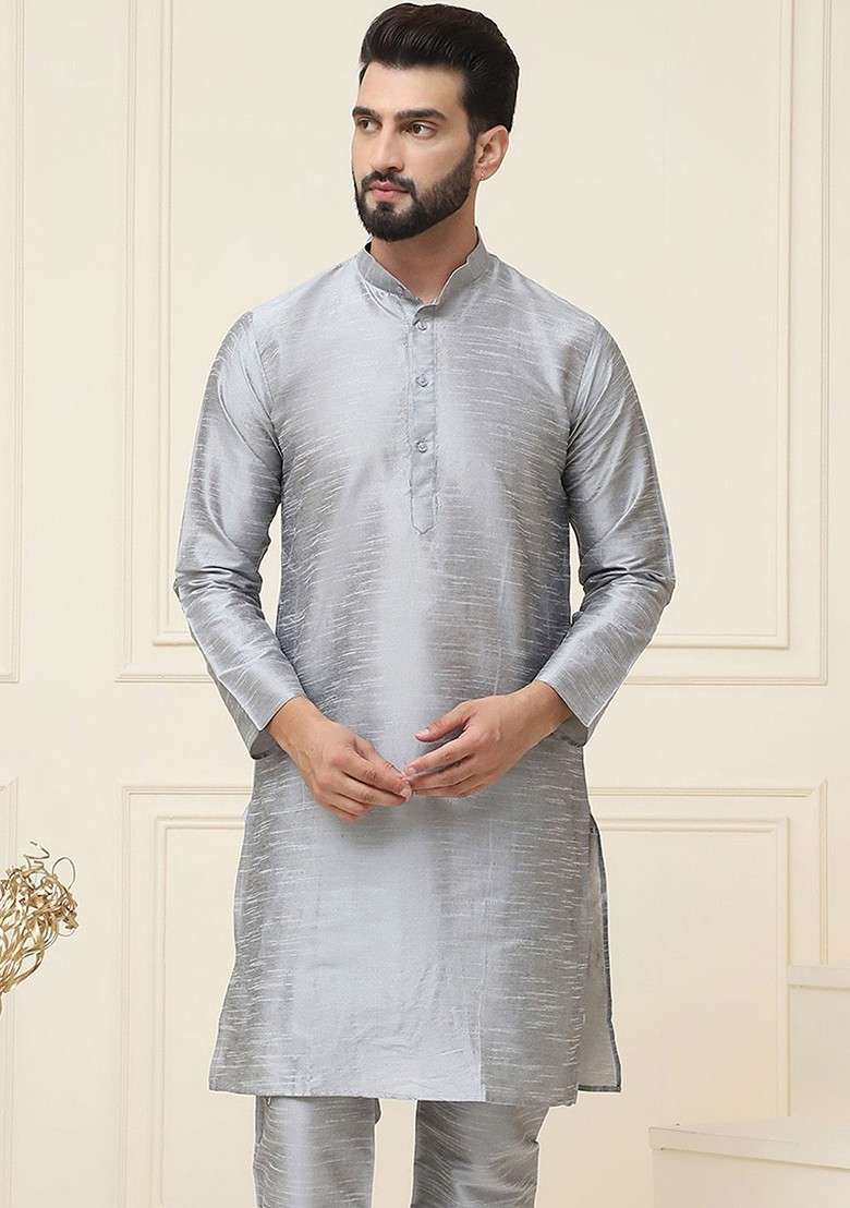Grey Solid Silk Blend Kurta For Men - Indya