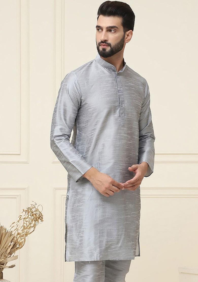 Grey Solid Silk Kurta For Men