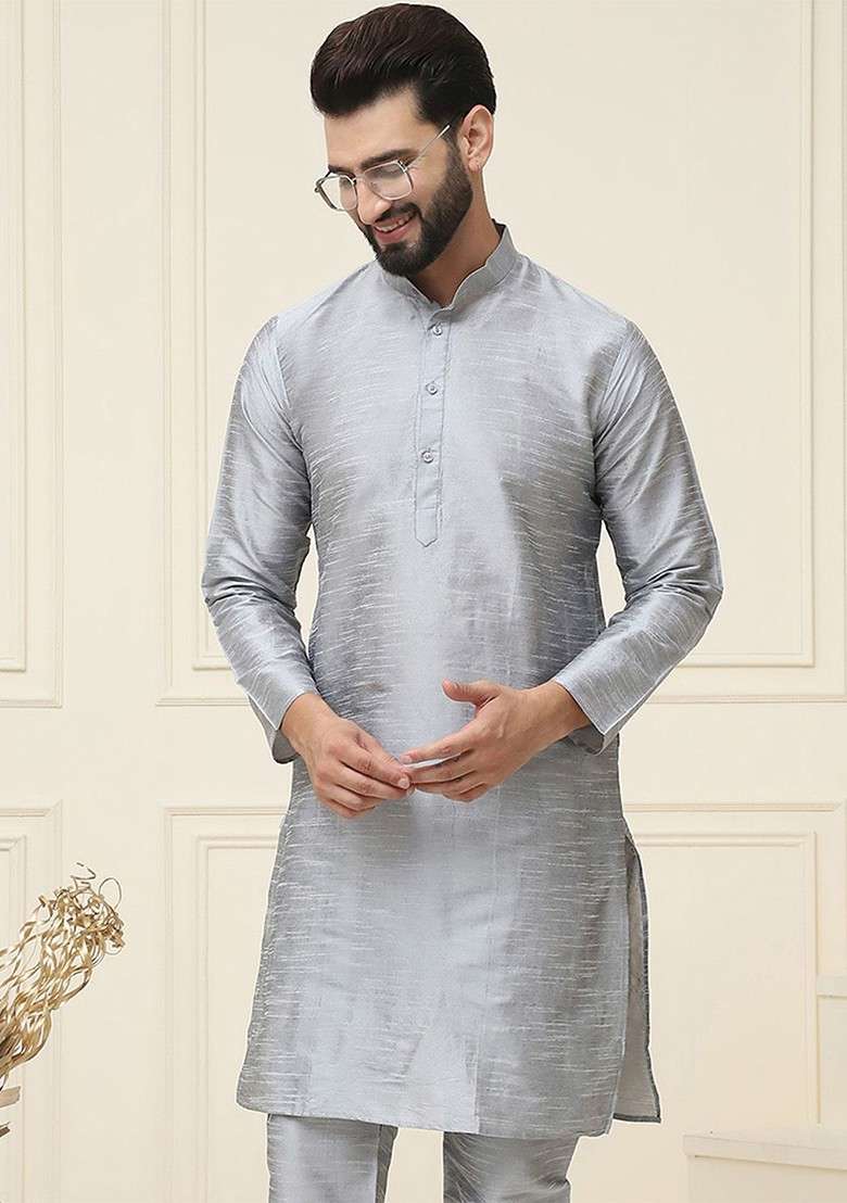 Grey Solid Silk Blend Kurta For Men - Indya