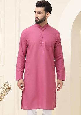 Coral Pink Solid Poly Blend Kurta For Men