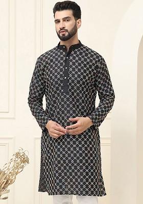 Black Thread Work Poly Blend Kurta For Men