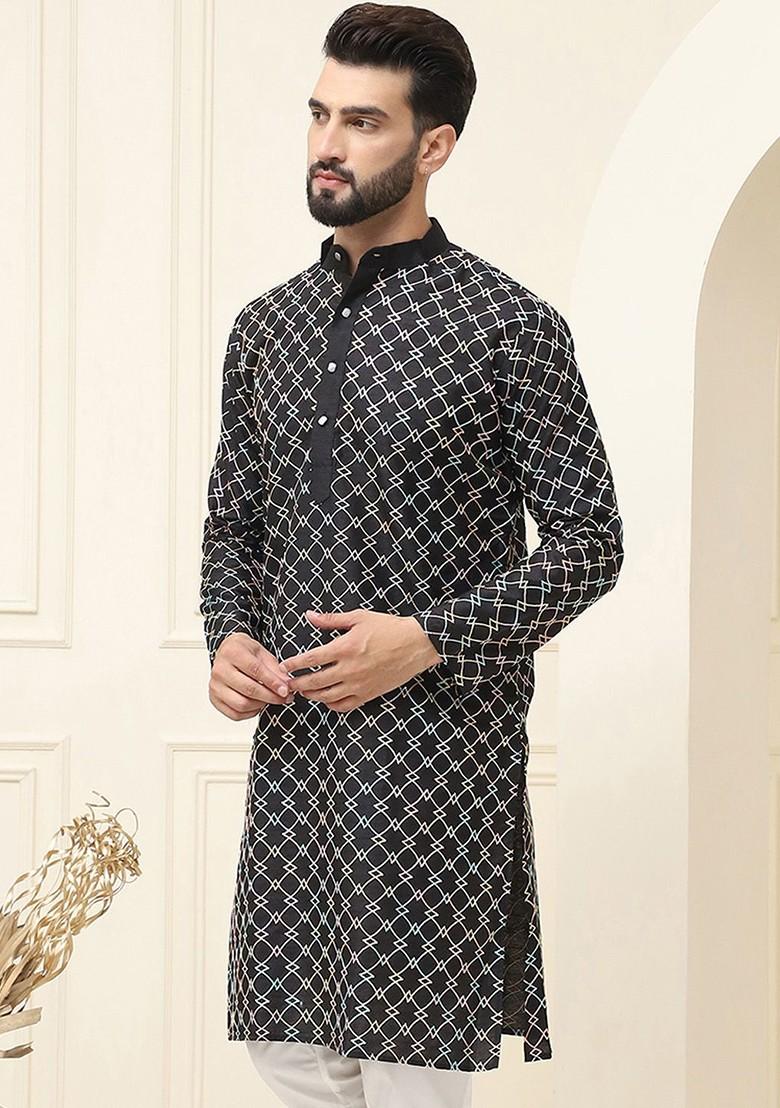 Black Thread Work Poly Blend Kurta For Men