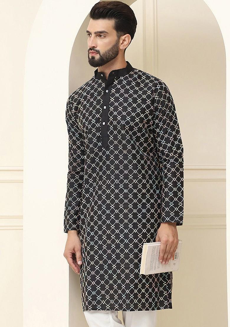 Black Thread Work Poly Blend Kurta For Men