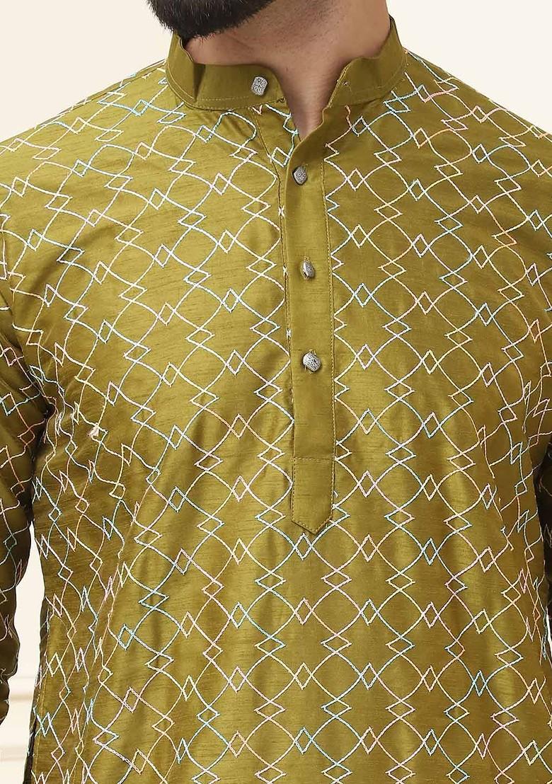 Olive Embroidered Silk Kurta For Men