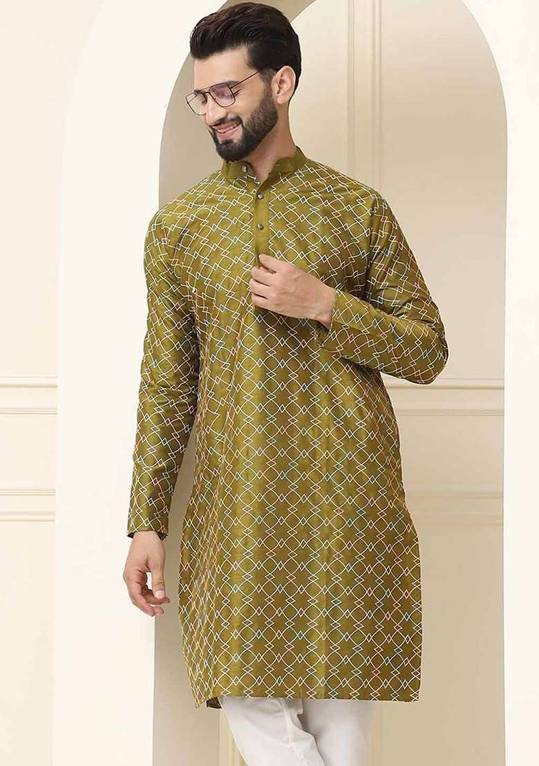Olive Embroidered Silk Blend Kurta For Men - Indya