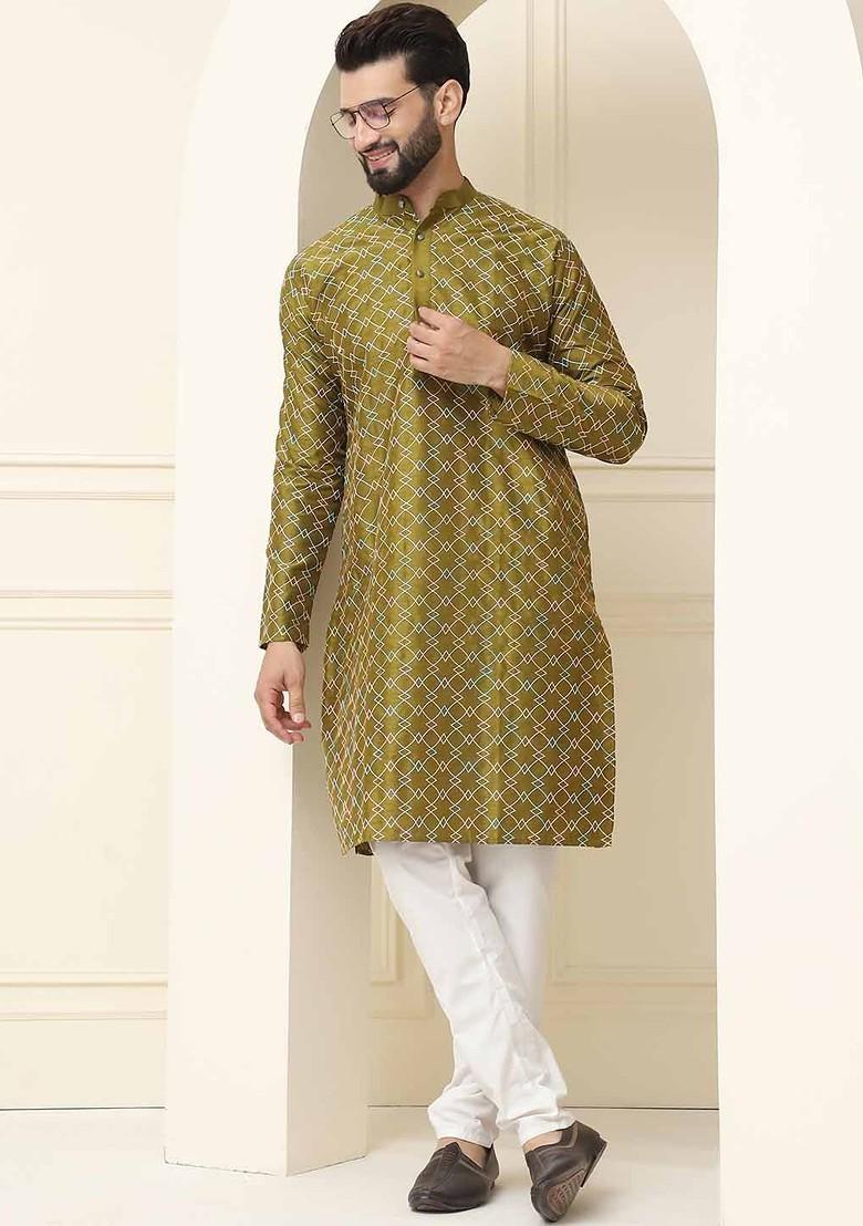 Olive Embroidered Silk Kurta For Men