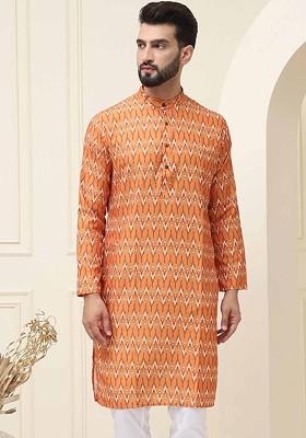 Mustard Ethnic Motifs Cotton Kurta For Men