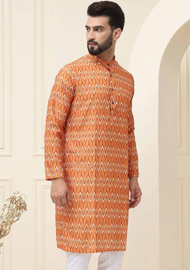 Mustard Ethnic Motifs Cotton Kurta For Men