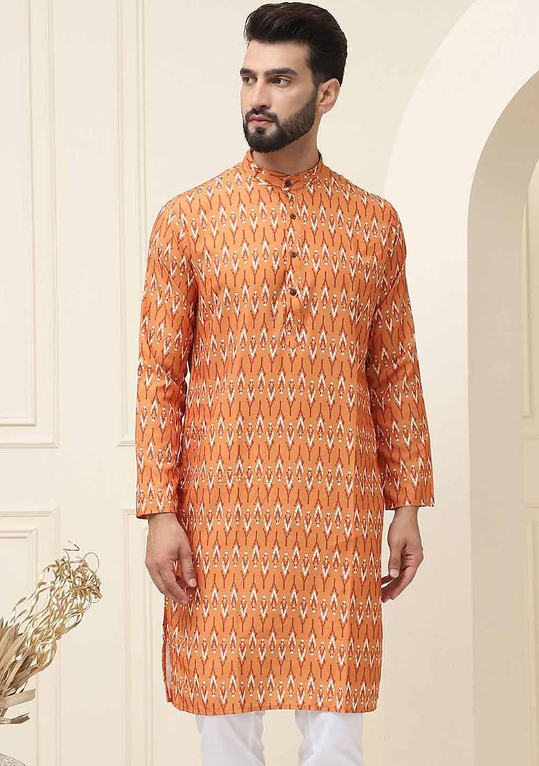 Mustard Ethnic Motifs Cotton Kurta For Men