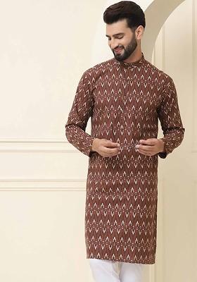 Brown Ethnic Motifs Cotton Kurta For Men