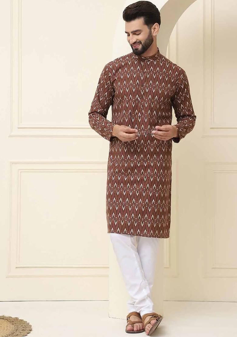 Brown Ethnic Motifs Cotton Kurta For Men