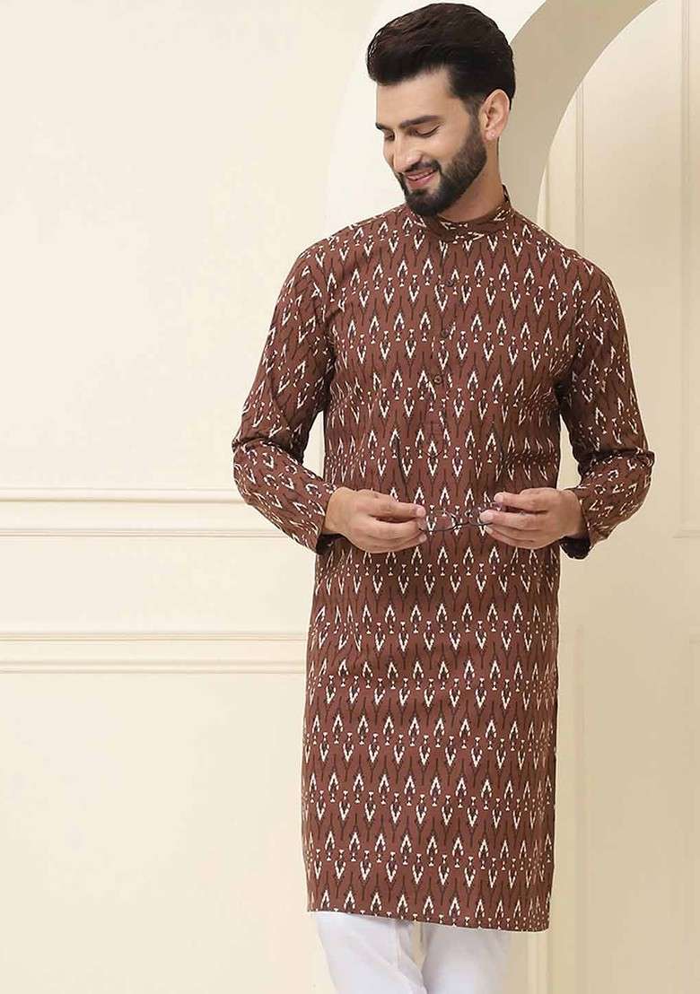 Brown Ethnic Motifs Cotton Kurta For Men - Indya