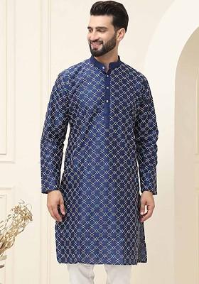 Navy Blue Thread Work Poly Blend Kurta For Men