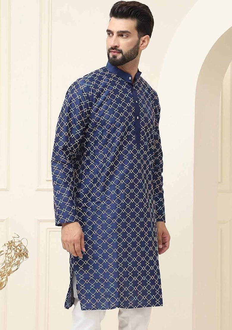 Navy Blue Thread Work Poly Blend Kurta For Men