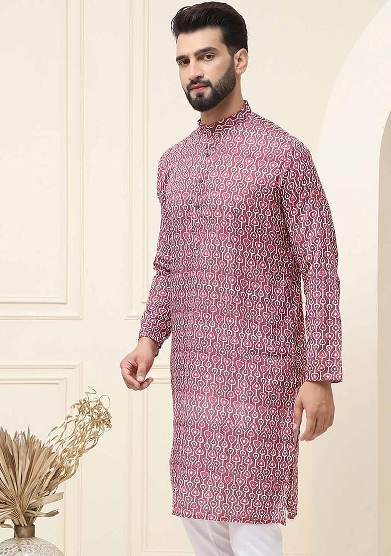 Black Printed Cotton Kurta For Men