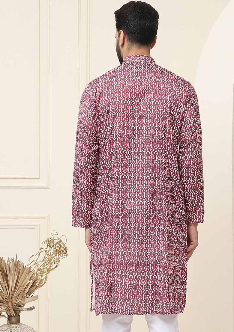 Black Printed Cotton Kurta For Men