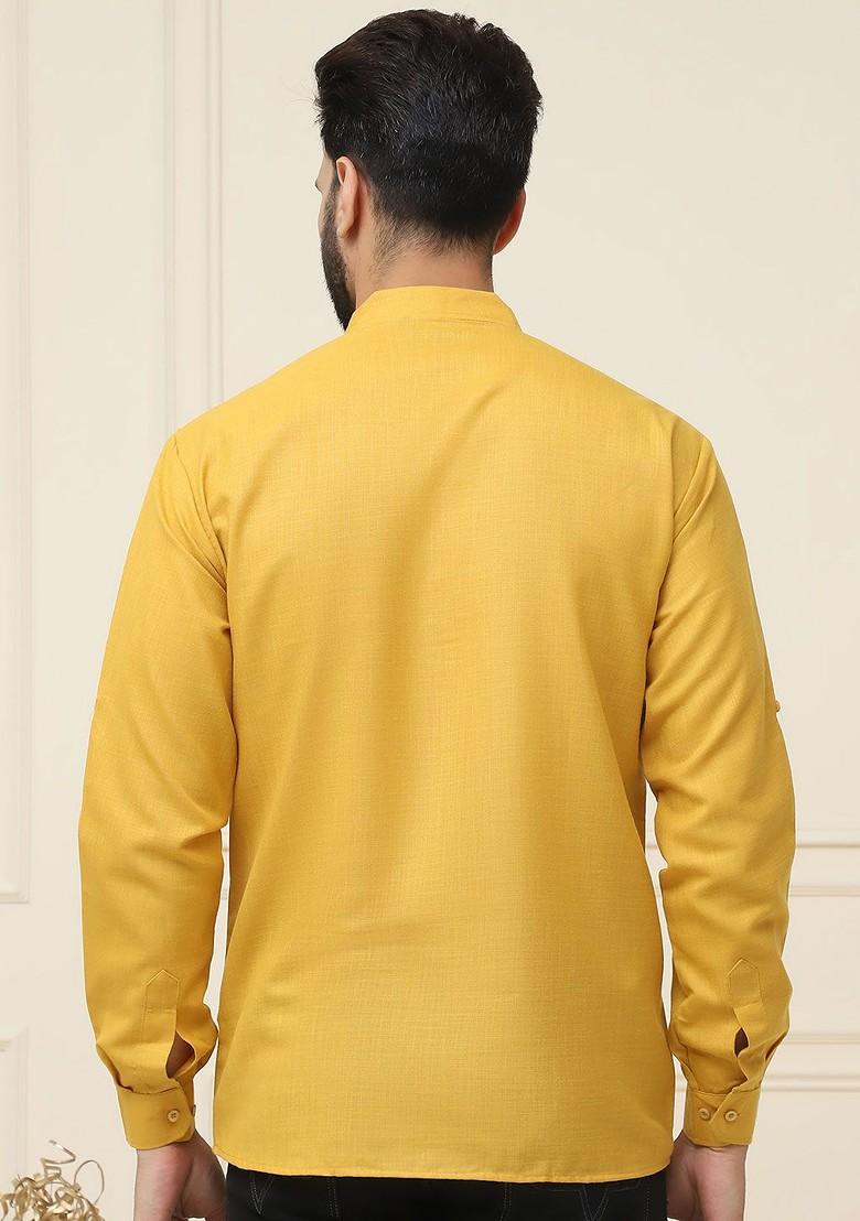 Mustard Solid Poly Blend Kurta For Men