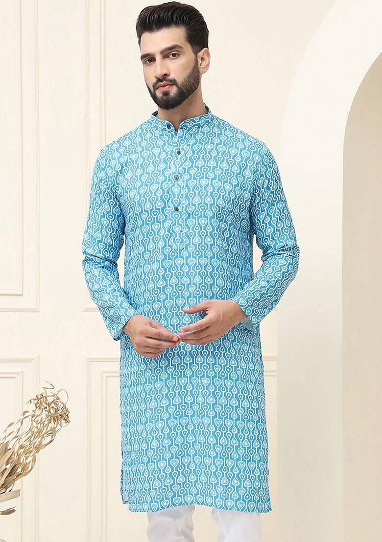 Turquoise Blue Printed Cotton Kurta For Men