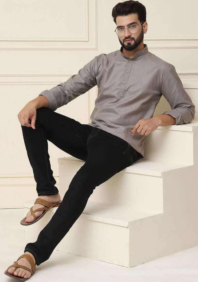 Grey Solid Poly Blend Kurta For Men - Indya