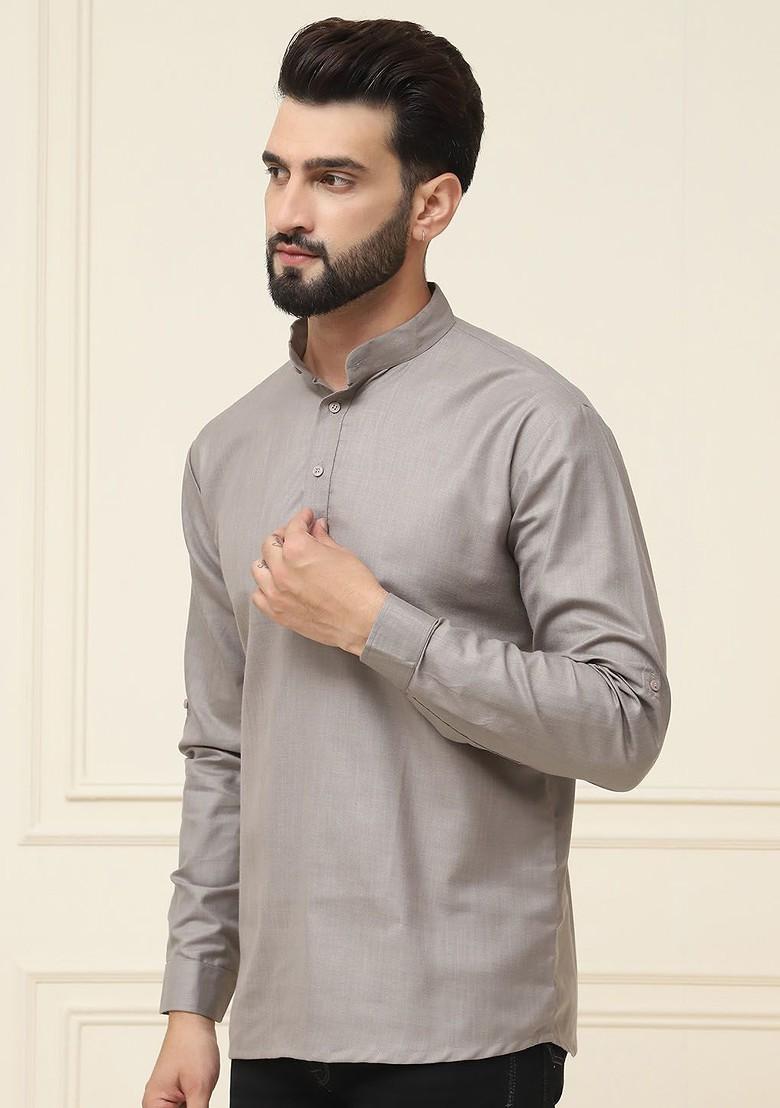Grey Solid Poly Blend Kurta For Men