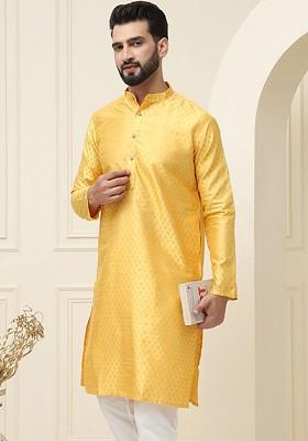 Mustard Ethnic Motifs Poly Blend Kurta For Men