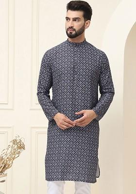 Black Ethnic Motifs Cotton Kurta For Men