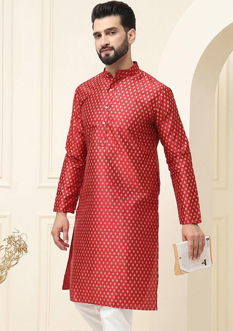 Maroon Ethnic Motifs Silk Kurta For Men