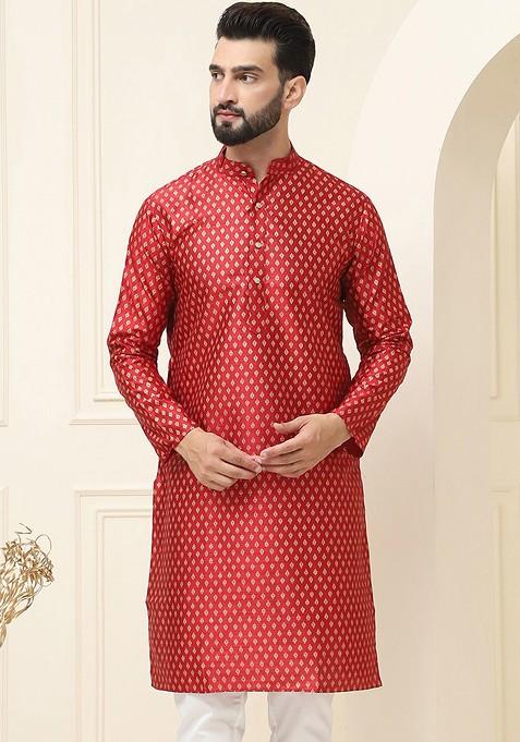 Maroon Ethnic Motifs Silk Kurta For Men