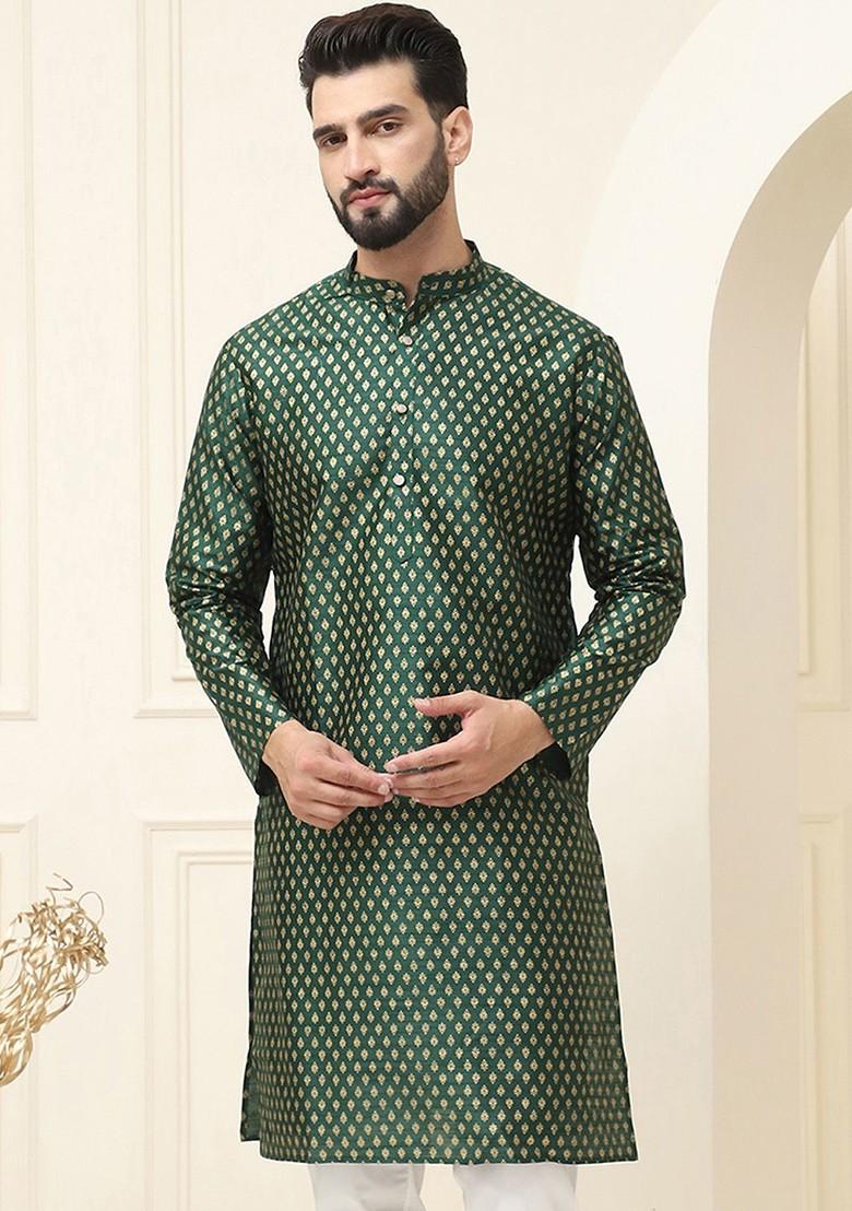 Green Ethnic Motifs Silk Kurta For Men