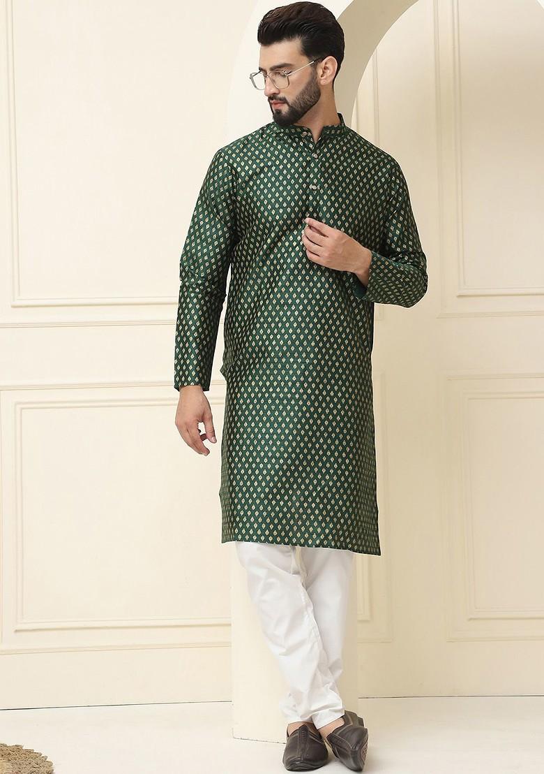 Green Ethnic Motifs Silk Kurta For Men