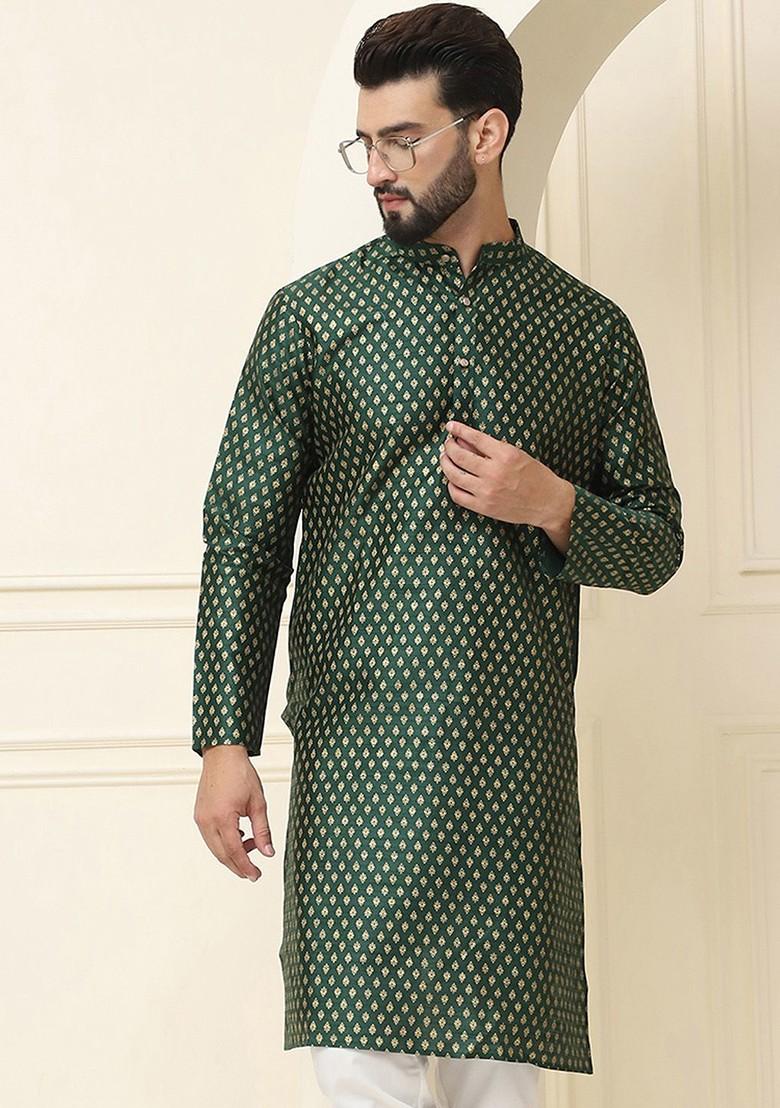 Green Ethnic Motifs Silk Kurta For Men