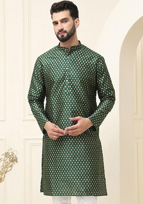 Green Ethnic Motifs Silk Kurta For Men