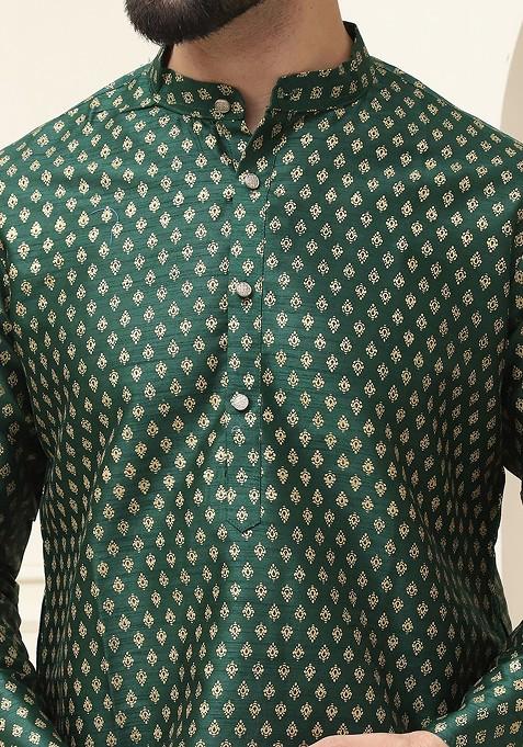 Green Ethnic Motifs Silk Kurta For Men