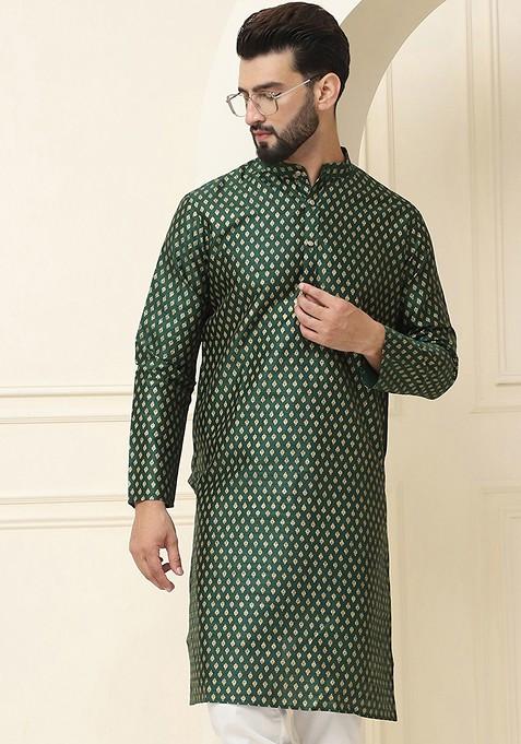 Green Ethnic Motifs Silk Kurta For Men